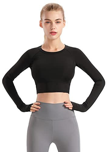 Hanyomo Donne Fitness Senza Cuciture Maniche Lunghe Cime di Coltura Allenamento Yoga Palestra Running Foro Pollice Camicie Nero S
