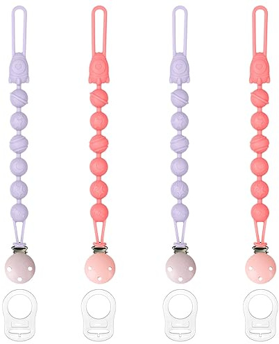Scettar 4 Pezzi Catenella Ciuccio,Catenella Portaciuccio in Silicone con 4 Adattatore per Clip Supporto Porta Ciuccio per Bambine e Bambini