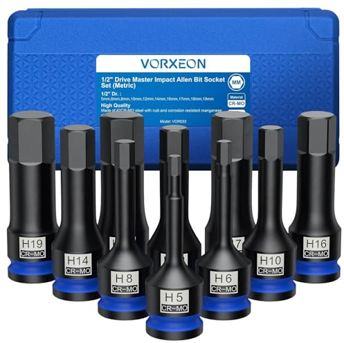 VORXEON 10PCS 1/2 Drive HEX Schlagschrauber Nüsse Satz Sechskant Steckschlüssel 5/6/8/10/12/14/17/19mm 42CRMO Innensechskant Mit Aufbewahrungsbox Für Innensechskantschrauben