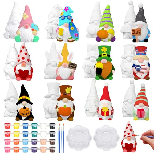 Sonwyoung 12 Sets Gnome Ceramic for Painting DIY Painting Your Own Gnome Statues Unpainted Ceramic Gnome Figures Kit with Brush Palette Paint Ready to Paint Ceramic Holiday Blank Paintable | Ready to Painting Your Own Gnome Statues, DIY Unpainted Ceramics Figurines, for Adults Home Decor