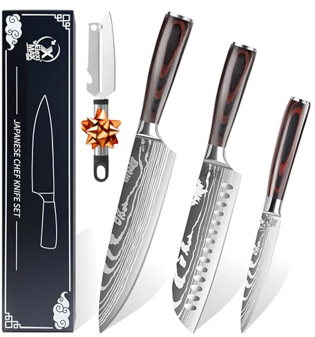 Mannaia da cucina Fleximaxx Home® coltello Chef da 8”, coltello Santoku da 7”, coltello multiuso da 5” e pelapatate Coltelli da cucina professionali, coltello da chef, coltello macellaio