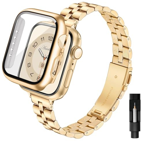 Aniaboho Kompatibel mit Apple Watch Armband 40mm mit Schutzhülle, Edelstahl Metall iWatch Armband Damen mit Hülle für Apple Watch SE 3 2 1 Series 6 5 4 40mm, Schmuck für Fraue(Gold)