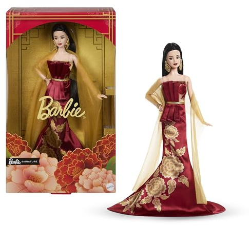 Barbie Signature Lunar New Year Fashion Doll Wearing Red Dress with Golden Peony Print, Collectible Holiday Toy, JJX83
