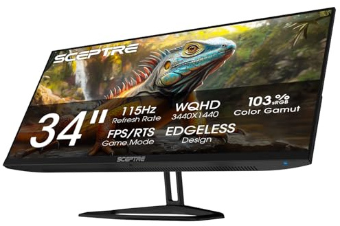 New! Sceptre 34-inch Prime Monitor 3440 x 1440 up to 115Hz 103% sRGB DisplayPort HDMI Build-in Speakers, Machine Black 2026 (E345W Series)