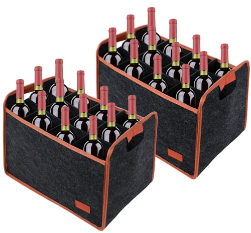 2 Pack 12 Bottle Wine Tote Bag Insulated Thermal Padded Collapsible Wine Carrier with Handles Reusable Felt Storage Box for Travel, Picnic, Party (Dark Gray)