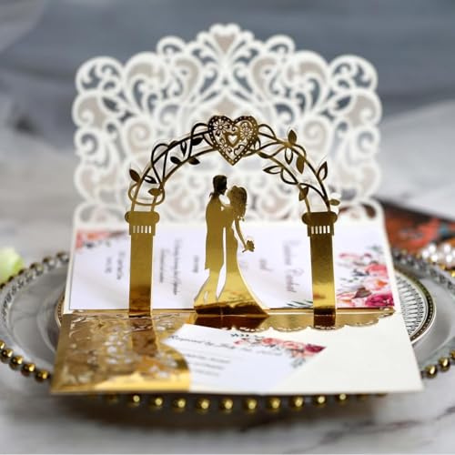 Carte de mariage 3D pop-up dorée – Élégante carte de félicitations pour mariage, invitations et cadeaux de mariage pour les mariés, carte pop-up romantique avec feuille dorée