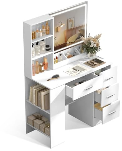 ANCOLOV Coiffeuse avec Miroir LED 90 cm, 4 tiroirs, 6 étagères de Rangement, Armoire Latérale à 2 Niveaux, Blanche Poignées Argentées