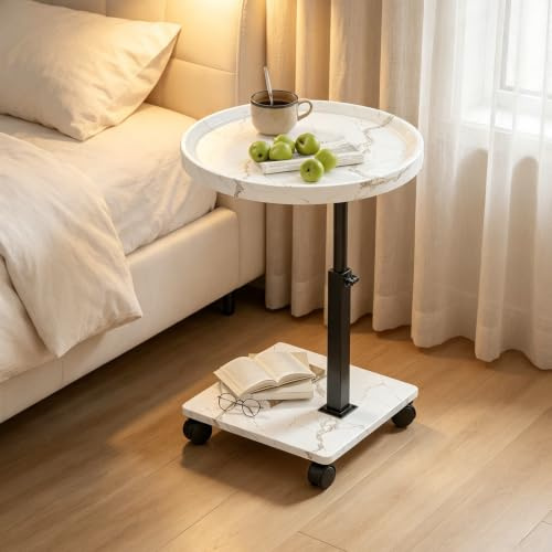 Ztexkee Beistelltisch mit Rollen, Beistelltisch Höhenverstellbar (45-80cm) C Form haben 360° Rotierend, Runder Couchtisch Sofatisch Klein für Wohnzimmer (Weiß)