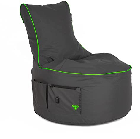 BuBiBag XXL Sitzsack Riesensitzsack 90x75x80cm – Gaming Sessel für Erwachsene & Kinder – Waschbar & mit EPS Füllung – Farbe (Anthrazit - Neon Grün)