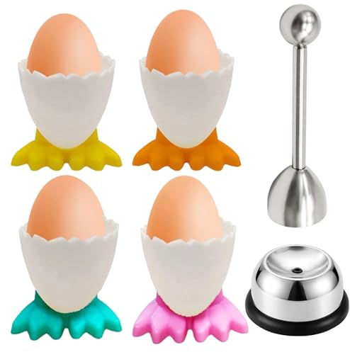 Egg Cup, Stainless Steel Egg Topper and Piercer with 4 Egg Cups, for Boiled Eggs, Cooking and Decorative Food Preparation, Durable Kitchen Tool for Home and Professional Use