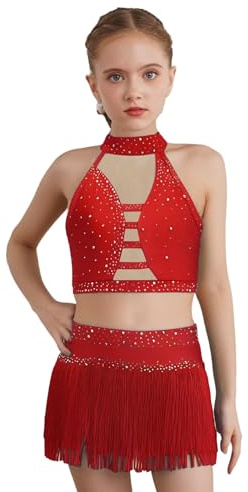 Miaeowve Abito da danza latina ragazza senza maniche abito da ballo strass glitter top corto senza pancia con frange nappe gonna avvolgente per spettacolo sul palco, Colore: rosso, 122-128 cm