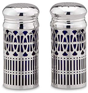 Salz- & Pfefferstreuer Set 9 cm groß - versilberte Gewürz Streuer mit Gitter-Optik & blauem Einsatz, poliert & anlaufgeschützt, 2-teilig, funktionale Tisch Streuer für Alltag, Dinner & Buffet