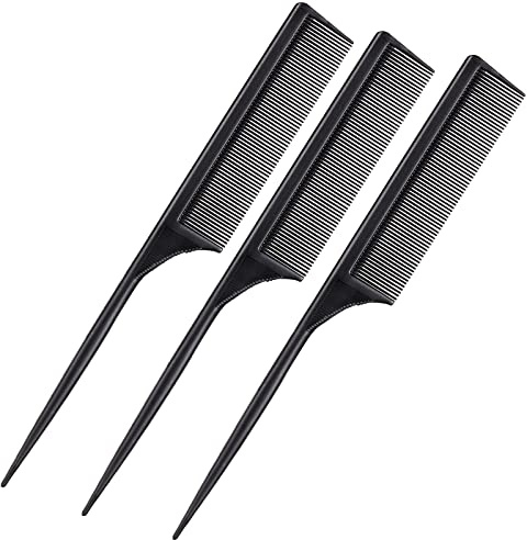 Leinuosen 3 Pack Rat Tail Combs Fine Tooth Parting Tip for Women Carbon Fiber Heat Resistant Anti Static Teasing for Back Combing Root Teasing Adding Volume Evening Styling(Black)