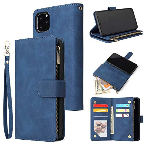 UEEBAI Handyhülle für iPhone 12 iPhone 12 Pro 6.1 Zoll, Retro Reißverschluss Hülle Premium PU Leder Weich TPU Klapphülle Magnet Kartenfach Standfunktion Geldbörse mit Trageband Schutzhülle - Blau