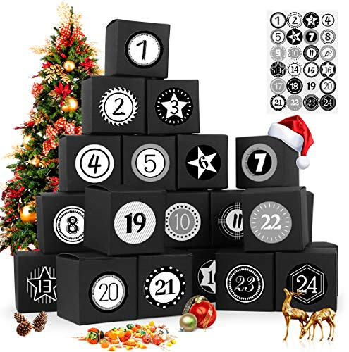 Adventskalender zum Befüllen, 24 Adventskalender Geschenkbox, mit Zahlenaufklebern, für Weihnachtlichen 2024 zum Basteln und Befüllen, Weihnachts-Geschenkschachtel zum DIY, Schwarz