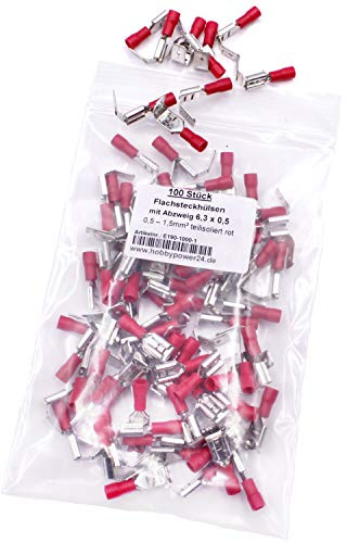 100 Stück Flachsteckhülsen mit Abzweig Abzweigverbinder rot 0.5-1.5mm² 6,3mm, Flachsteckverteiler Kabelschuhe doppelt Steckverteiler Doppel