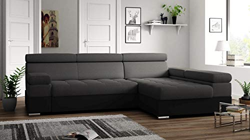 Ecksofa Paolo mit Schlaffunktion, Eckcouch mit Bettkasten, L-Form Ecksofa, L-Form Sofa, Ottomane Rechts, 260 cm x 162 cm (Dunkelgrau + Schwarzer Kunstleder (EKO))