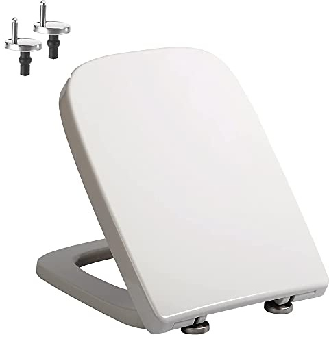 Square-Shape Toliet Seat Slow Close Anti Bacterial Toilet Seat with Quick Release Adjustable Hinges for Easy Clean, 4 Non-Slip Buffers, 440X360mm