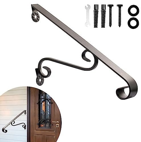 LIANGZ AI Eachome Wrought Iron Handrail Wall Mounted Hand Railing Fit for 1-2 Steps for Outdoor Porch Steps, Black