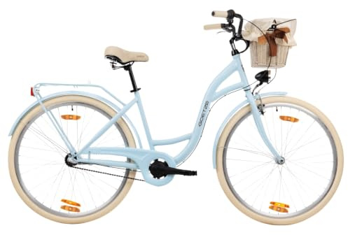 Goetze Style Damen Citybike 26/28 Zoll, Retro Fahrrad mit 3-Gang | 17/18 Zoll Tiefeinsteiger, Shimano Nexus Nabenschaltung mit Rücktritt, LED-Beleuchtung, Rattankorb, Gepäckträger & Klingel