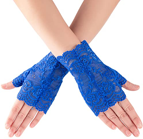 Xuhan Kurze elegante florale Spitzenhandschuhe für Frauen Handgelenklänge, 17,8 cm - Blau, Large