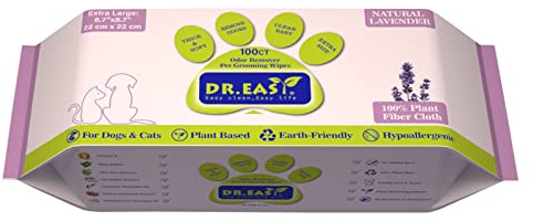 DR. EASY Odor Remover Lingettes de toilettage pour Animaux de Compagnie 100Ct Lavande Ingrédients à Base de Plantes pour Les Pattes, Le Nettoyage du Corps, enlever la saleté et l’excès de Poils