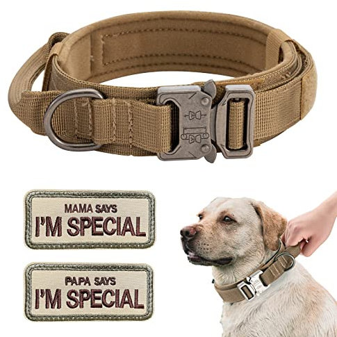 Hundehalsband Verstellbar mit Kontrollgriff, Taktisch Halsband Nylon, Hunde Halsband Gepolstert, Metallschnalle, für Mittlere Große Hunde Jagd Training Outdoor, Braun XL