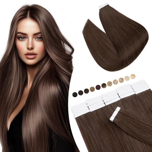 Elailite Echthaar Extensions Tape Braun, 20 stück Mini Tape Invisible Kleber, 45cm Haarverlängerung Real Human Hair 50g #04 Schokobraun