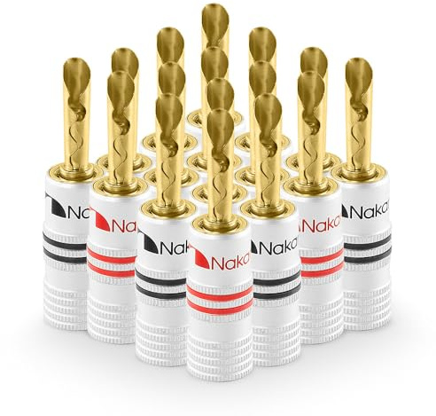 Nakamichi Excel Series BFA Fiche banane plaquée or 24K 12-18 AWG Calibre 4 mm pour haut-parleurs Amplificateur Hi-Fi Récepteur AV Stéréo audio Connecteur (Fiches Banane BFA, 16 pièces (8 paires))