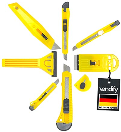 vendify® Cutter Set 8-teilig | mit Ceranfeldschaber & Abbrechklingen | Teppichmesser, Kartonmesser, Cuttermesser