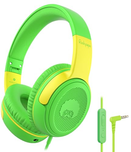 Rockpapa Share Auriculares para Niños, Auriculares con Cable y Micrófono, 85dB/94dB Volumen Limitado, Función para Compartir, Plegables, Ajustables, Auriculares Diadema para la Escuela/Viajar