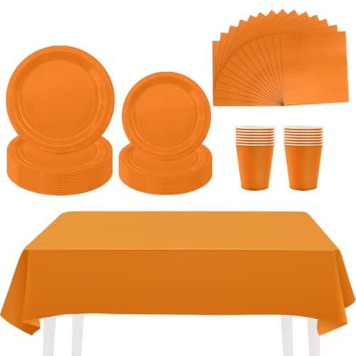 ZOOMPIL 97pcs Orange Party Cutlery Set (24 Guests), Solid Color Theme Party | Eco-friendly Durable, Reusable Tablecloth, Perfect for Birthday Parties Supplies & Table Decorations, Saving Time and Effort