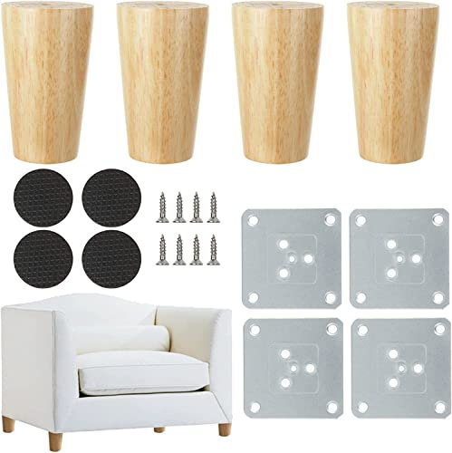 GOYADA Juego de 4 patas de madera de 10 cm, patas de sofá macizas de repuesto con placas de montaje y tornillos para sofá, armario, silla, cama, mueble TV