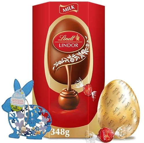 Easter Egg Chocolates Hamper Box - Giant Lindt Milk Chocolate Easter Egg with Chocolate Truffles 348g and Wooden Topline Easter decoration. Chocolate Gift for Women, Easter Gifts.