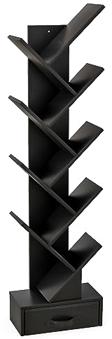 GIANTEX Bücherregal mit 10 Ebenen mit Schublade, Baum Bücherregal CD DVD Regal, Standregal in Baumform, Raumteiler Aktenregal Aufbewahrungregal Holz, freistehendes Holzregal 38x20x149,5 cm (Schwarz)