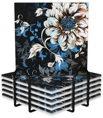 Getränkeuntersetzer mit Halter, schwarz und weiß, Blumenmuster, bedruckt, saugfähig, hitzebeständig, Keramik-Stein-Untersetzer mit Korkboden, Tischschutzmatte für Tassen, Tassen, Büro, Küche