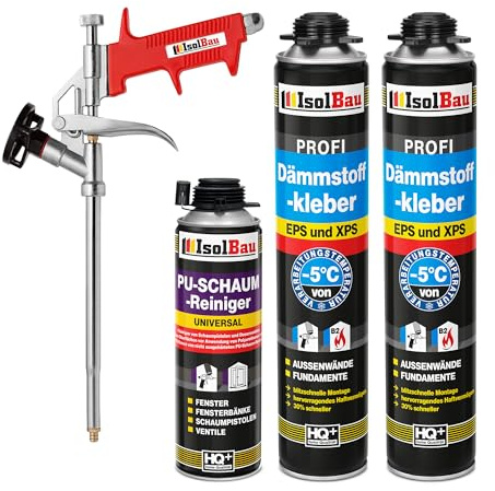 Isolbau B2 Dämmstoffkleber SET - 2 x 750 ml Perimeterkleber, 1 x PU-Schaum-Reiniger & 1x Schaumpistole für EPS & XPS-Platten - 1K PU-Klebeschaum für Dämmung und Isolieren