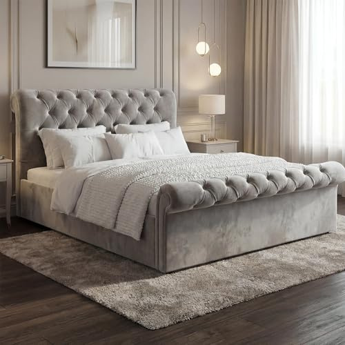 Blisswood Upholstered Gas Lift Up Bed Frame With Storage, Ottoman Storage Bed, Velvet Double Bed Frame, Ottoman Bed With Wooden Slats, (4ft6 Grey Double 135 x 190, No Mattress)