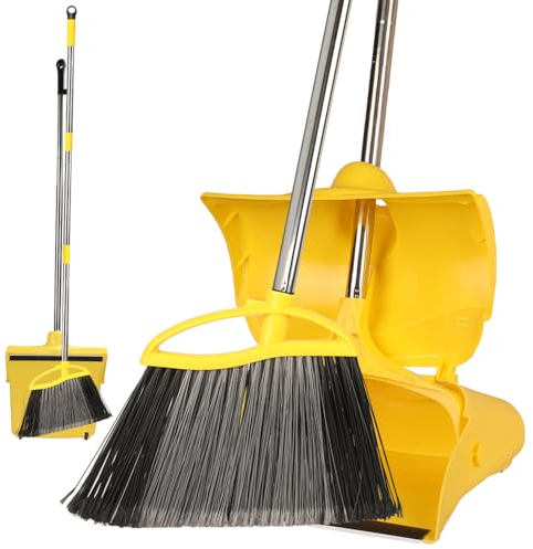 MuLing Heavy Duty Broom Outdoor and Dustpan, 145CM Long Handle Heavy Duty Broom with Stiff Bristles, Angle Sweeping for Floor Cleaning Garage Patio Garden House and Kitchen, Dustpan and Sweeping Brush