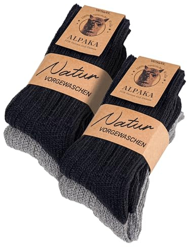 YESWEL 4 pares de Calcetines de lana de alpaca Hombres Mujeres, Transpirables Extra Cálidos, Térmicos Gruesos, Calcetine de Invierno Antideslizantes (2x Negro + 2x Gris, 43-46