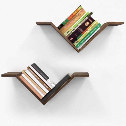 Mazjoaru Bücherregal Wand Holz Braun, Wandregal V-Form Modern, 2Er-Set | Braunes Paulowniaholz In V-Form Bietet Platz Für Bücher Und Deko; Zur Wandmontage In Wohn-, Schlaf- Oder Kinderzimmer.