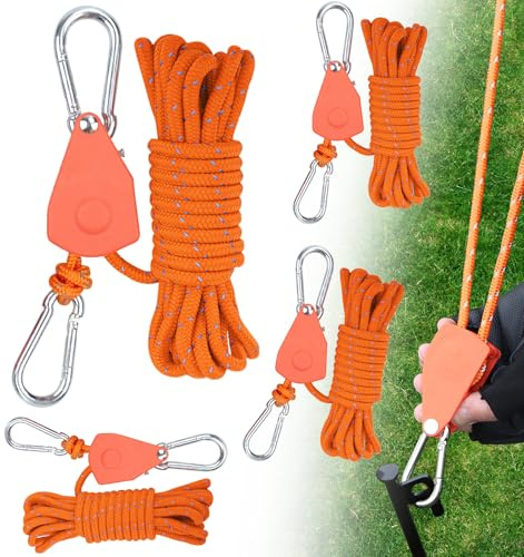 4mm Reflektierend Abspannseile Seil mit Seilspanner, 4M Einstellbare Abspannseile Camping mit Ratsche Seilratsche mit Haken, Abspannleinen Zeltschnur mit Spanner für Zelt Zeltplane