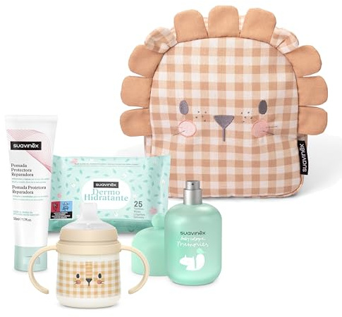 Suavinex, Zaino asilo per bambini, cesto regalo per bambini, con Baby Cologne Memories 100 ml + unguento riparatore 50 ml + confezione da 25 salviettine dermoidratanti + tazza di apprendimento, leone