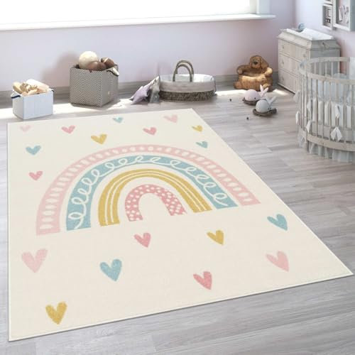 champracer Kinderteppich Teppich Kinderzimmer Moderner Weicher Kinderteppich 3D Optik Modern Regenbogen Herz Punkte Teppich Kinderzimmer Kinderteppich Spielteppich Junge Mädchen (60 * 90cm,4)