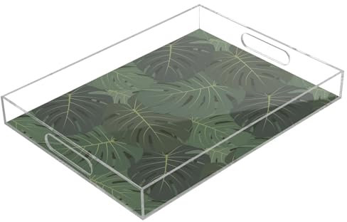 Plateau de service rectangulaire en acrylique transparent avec poignées, 30,5 x 40,6 cm, plateau de service en acrylique vert foncé, motif feuilles de palmiers