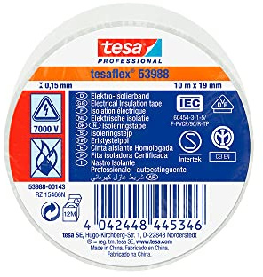 Brightium Cinta aislante homologada blanca 10m x 19mm, resistente al agua y temperaturas, ideal para trabajos eléctricos y reparaciones.