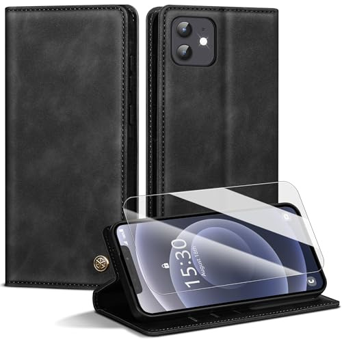 Handyhülle für iPhone 12/12 Pro Hülle,Premium Lederhülle für iPhone 12 Pro [Mit 1 Stück Panzer Schutz Glas] Magnet Kartenfach Klapphülle Schutzhülle für iPhone 12,Schwarz