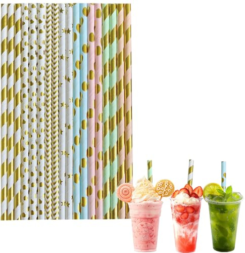 Lot de 100 Pailles Carton Jetables,198x6mm Pailles Bubble Tea, Métallisé Doré Paille en Papier pour cocktail Mason Jar, Verre, Anniversaire, Mariage, Noël, Douche de Bébé, Célébration et Fête