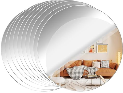 LOLYSIC 10Pcs Round Self Adhesive Acrylic Mirror, 25cm Frameless Stick On Mirrors Plates Non-Glass Circle Decorative Mirrors for Bathroom Living Room Bedroom Wall Decoration