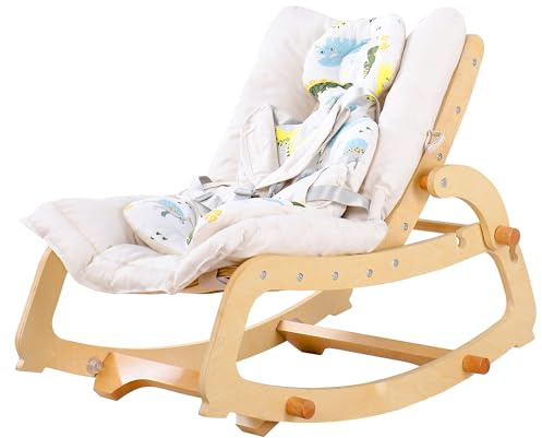 MALLBEST 3-in-1 Babywippe mit Doppelpolsterung, für 0-12 Monate, Verstellbarer Holz-Rocker-Stuhl für Säuglinge bis Kleinkinder (Beige)